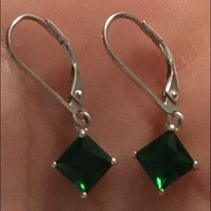 Silver Earrings with Dark Green Crystals